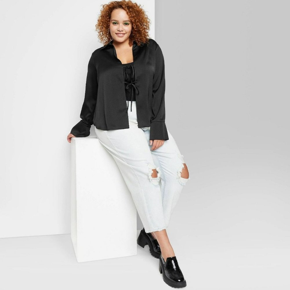 Women's Plus Size Bell Long Sleeve Satin Fly Away Top Wild Fable Black 1X